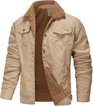 Mens Cargo Jacket Warm Winter Coat Sherpa Fleece Lined Jacket Casual Button Down Jacket Military Trucker Work Jacket