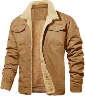 Mens Cargo Jacket Warm Winter Coat Sherpa Fleece Lined Jacket Casual Button Down Jacket Military Trucker Work Jacket