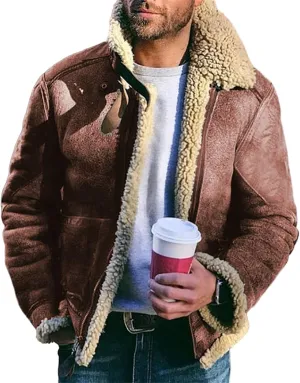 Men's Faux Fur Suede Leather Coat Sherpa Fleece Lined Jackets Winter Warm Zip Up Lapel Jacket Coat with Pocket