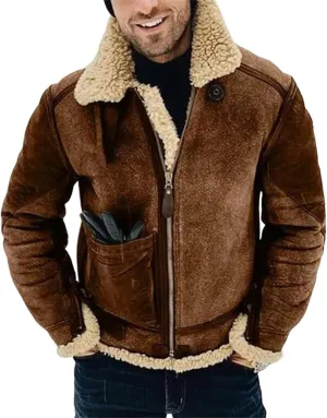 Mens Faux Leather Jacket Faux Fur Overcoat Long Sleeve Lapel Zip Up Jacket Cozy Retro Fuzzy Sherpa Fleece Lined Coats