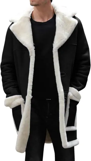 Mens Faux Sherpa Fleece Lined Long Jackets Winter Fur Collar Trench Coat Big and Tall Outwears with Pockets