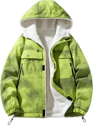 Men's Fleece Lined Jacket Fashion Color Block Full Zip Hooded Jacket 2024 Winter Outdoor Coat with Pocket Plus Size