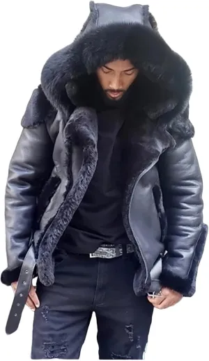 Mens Fur Hoodie Sherpa Leather Jacket Fleece Lined Belt Warm Winter Coat Heavyweight Thicken Motorcycle Biker Outwear