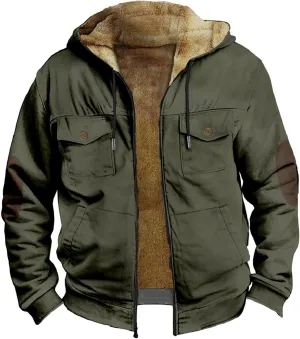 Men's Heavyweight Sherpa Lined Fleece Hoodie Jackets Thick Warm Military Tactical Plush Coats Full Zip Cargo Jackets
