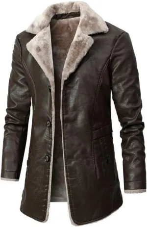 Mens Notched Lapel Faux Leather Sherpa Lined Jacket Thick Button Down Long PU Trench Coats Multi Color with Pockets