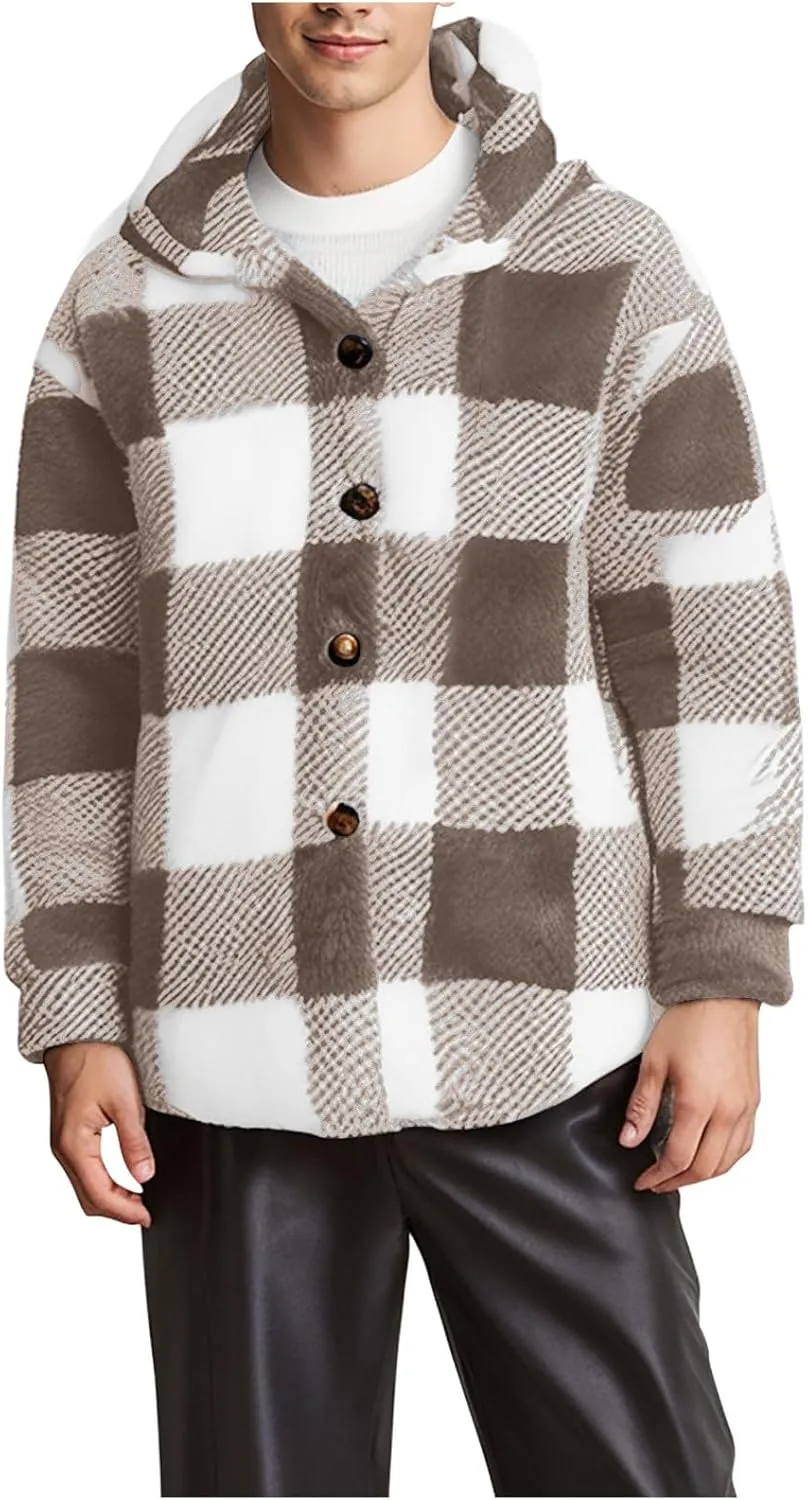 Mens Plaid Jackets 2024 Winter Warm Fuzzy Fleece Cardigans Jackets Plus Size Button Down Long Sleeve Hooded Coat