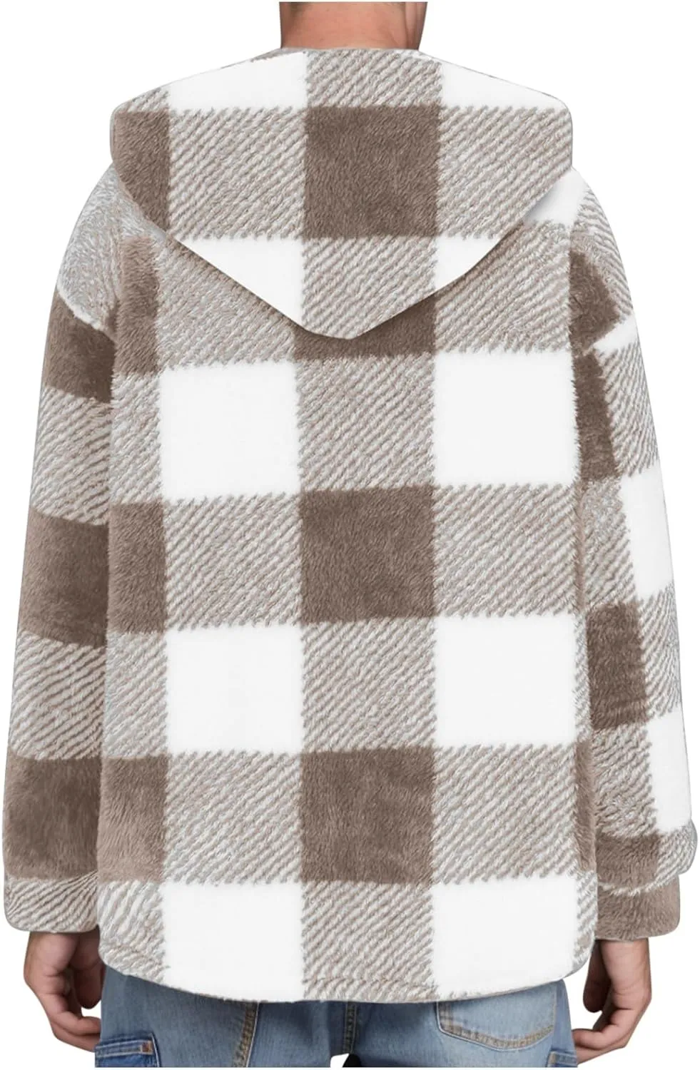 Mens Plaid Jackets 2024 Winter Warm Fuzzy Fleece Cardigans Jackets Plus Size Button Down Long Sleeve Hooded Coat