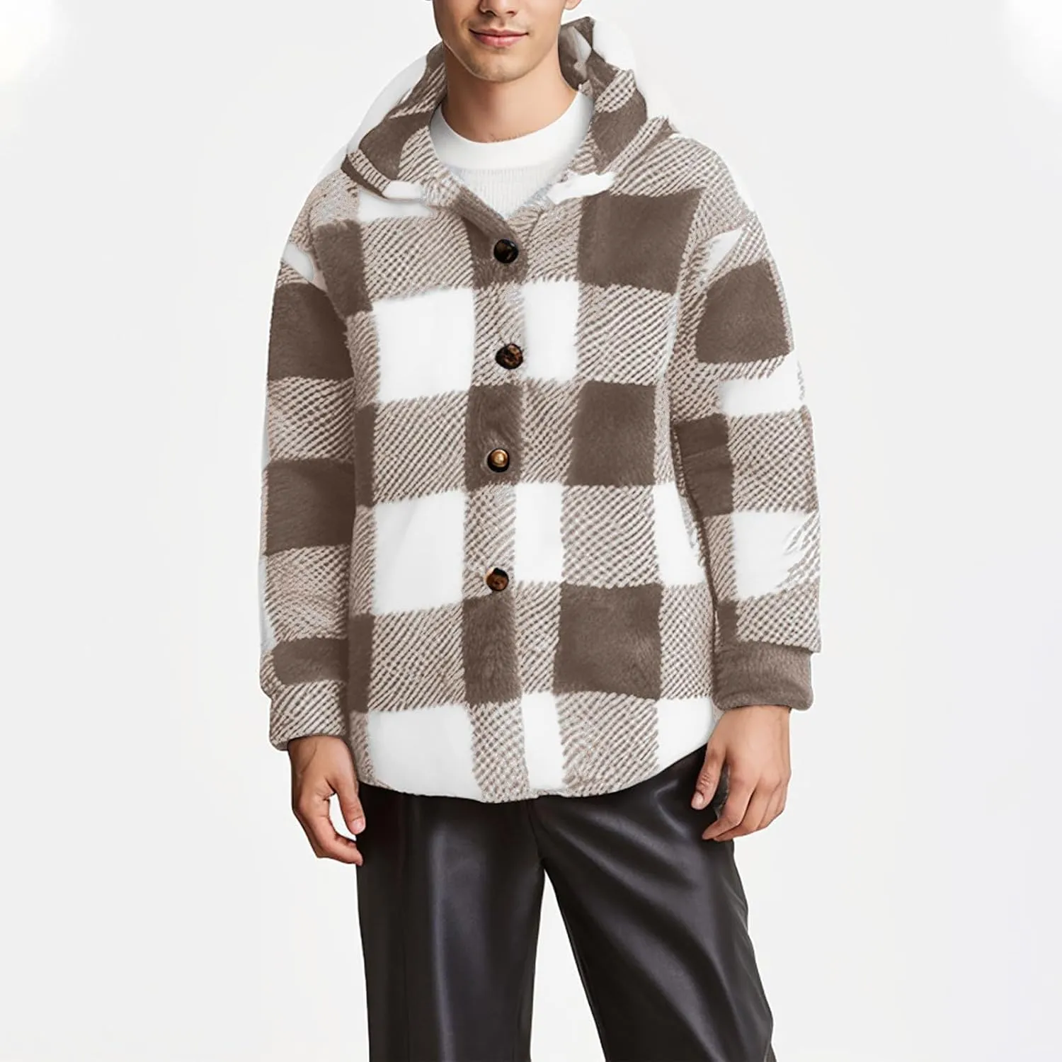 Mens Plaid Jackets 2024 Winter Warm Fuzzy Fleece Cardigans Jackets Plus Size Button Down Long Sleeve Hooded Coat
