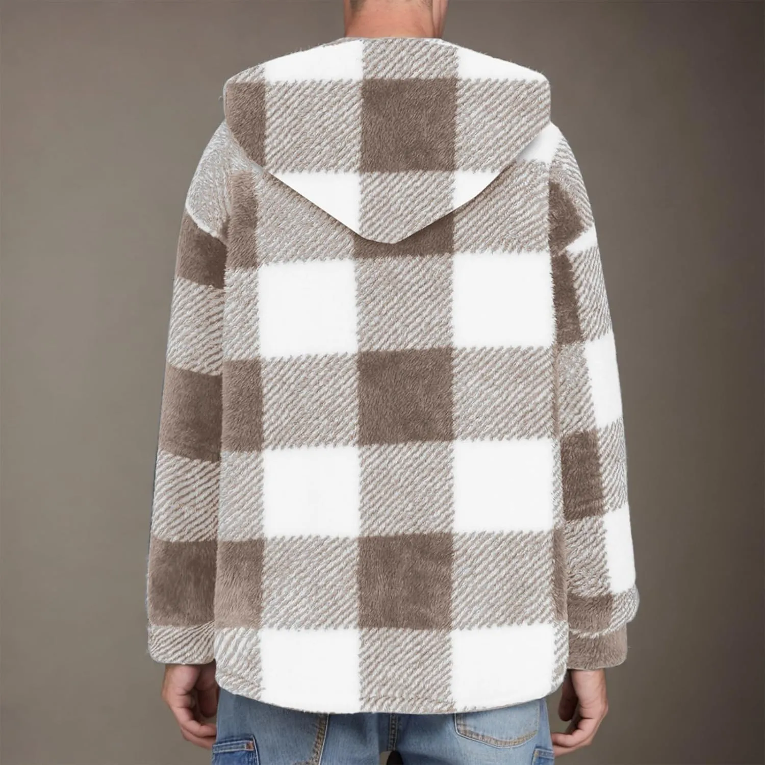 Mens Plaid Jackets 2024 Winter Warm Fuzzy Fleece Cardigans Jackets Plus Size Button Down Long Sleeve Hooded Coat