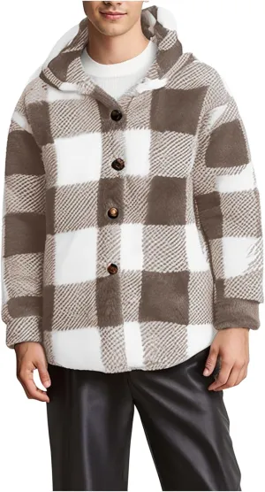 Mens Plaid Jackets 2024 Winter Warm Fuzzy Fleece Cardigans Jackets Plus Size Button Down Long Sleeve Hooded Coat