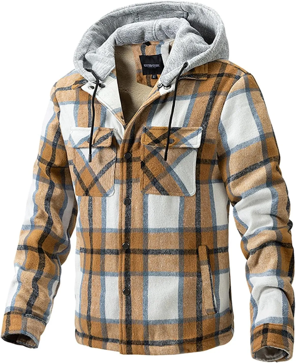 Mens Shacket Flannel Lined Long Sleeve Plaid Hooded Shirt Jackets Drawstring Casual Button Down Shacket Jacket