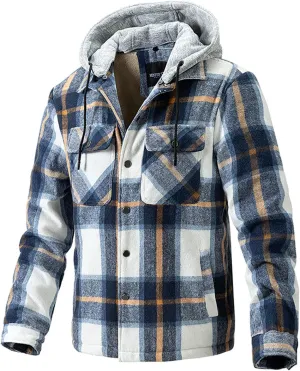 Mens Shacket Flannel Lined Long Sleeve Plaid Hooded Shirt Jackets Drawstring Casual Button Down Shacket Jacket