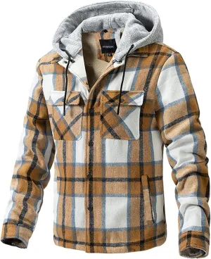 Mens Shacket Flannel Lined Long Sleeve Plaid Hooded Shirt Jackets Drawstring Casual Button Down Shacket Jacket