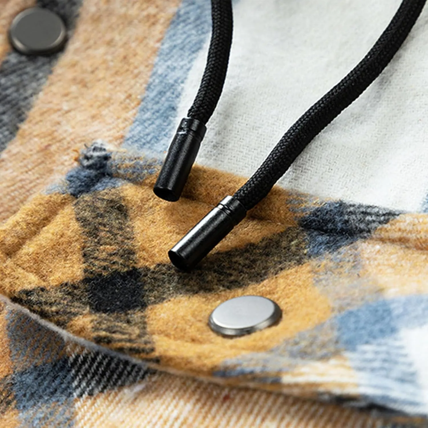 Mens Shacket Flannel Lined Long Sleeve Plaid Hooded Shirt Jackets Drawstring Casual Button Down Shacket Jacket