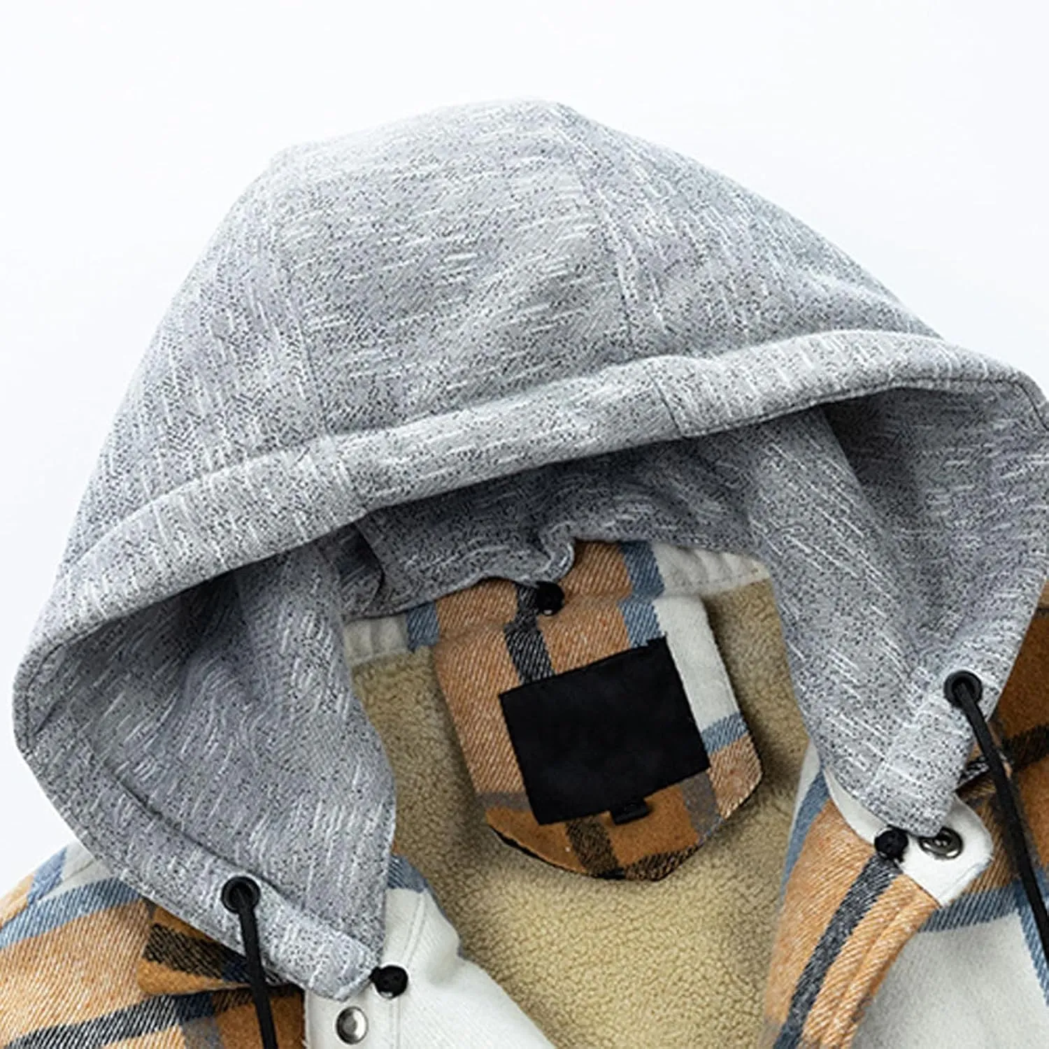 Mens Shacket Flannel Lined Long Sleeve Plaid Hooded Shirt Jackets Drawstring Casual Button Down Shacket Jacket