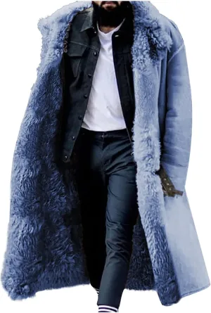 Mens Sherpa Lined Fleece Long Jackets Faux Suede Fur Collar Shearling Fall Winter Warm Trench Coat Sheepskin Coats
