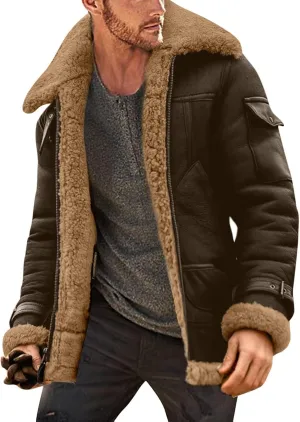 Mens Sherpa Lined Thickened Jackets Winter Warm Fuzzy Lined Zip Up Lapel Trucker Coat Jacket with Pockets