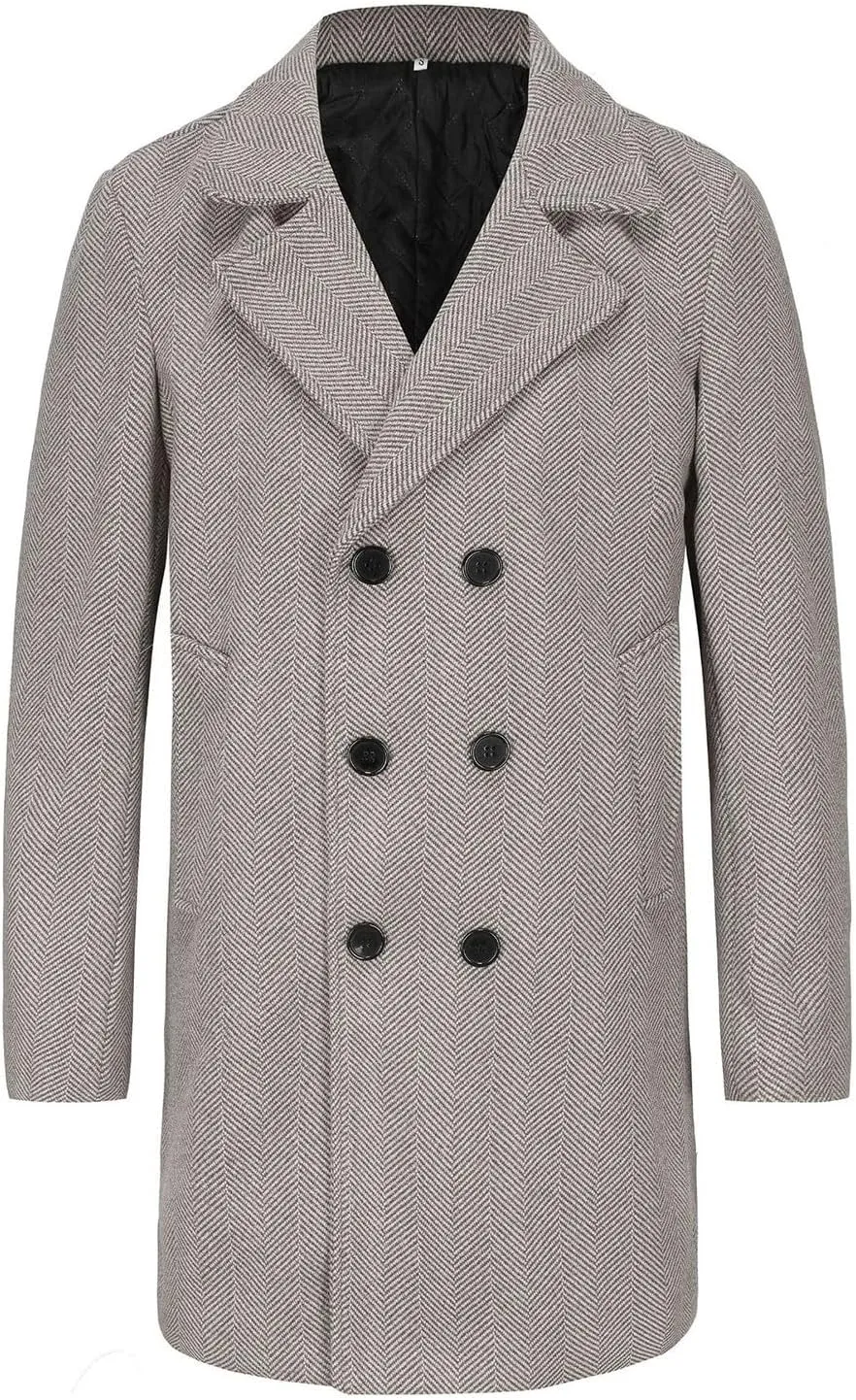 Men's Trench Winter Pea Coat Notched Collar Warm Single Breasted Overcoat with Pockets