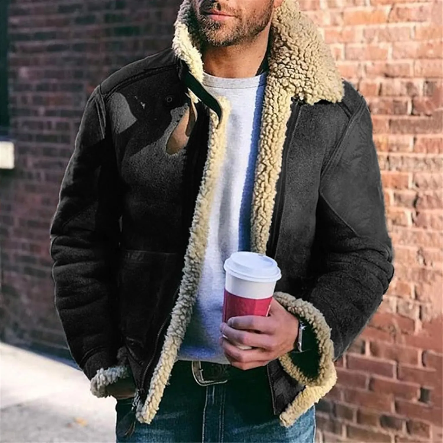 Mens Winter Coats, Men's Bomber Jackets Faux Leather Sherpa Fleece Lined Suede Jackets Heavyweight Faux Fur Overcoats