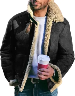 Mens Winter Coats, Men's Bomber Jackets Faux Leather Sherpa Fleece Lined Suede Jackets Heavyweight Faux Fur Overcoats