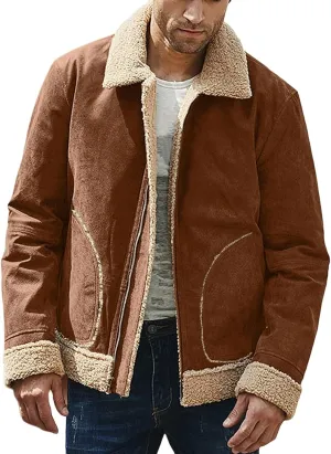 Mens Winter Faux Suede Leather Jacket Sherpa Fleece Lined Coat Lapel Zip Up Thickened Outwear with Pocket