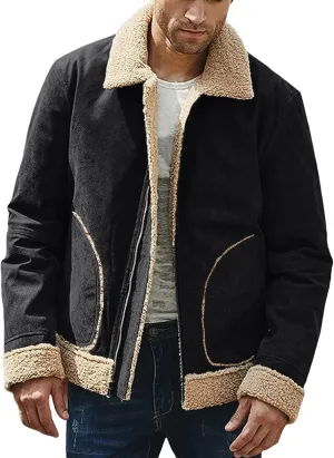Mens Winter Faux Suede Leather Jacket Sherpa Fleece Lined Coat Lapel Zip Up Thickened Outwear with Pocket
