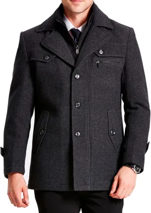 Men's Winter Pea Coat Slim Fit Single Breasted Short Wool Jacket Woolen Blend Trench Coat Thickening Fleece Overcoats