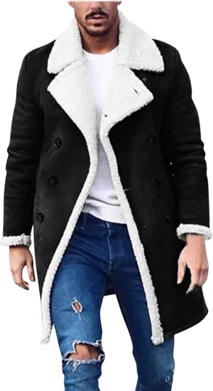 Men's Winter Sherpa Fleece Lined Jackets Faux Lapel Button Down Trench Coat Big and Tall Overcoat with Pockets