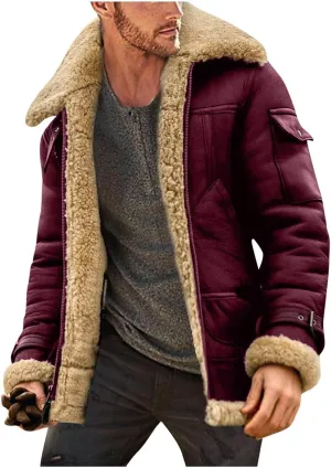 Men's Winter Suede Sherpa Shearling Faux Fur Leather Coat Fleece Lined Lapel Zip Up Padded Coat with Pocket