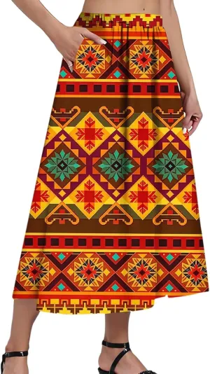 Midi Boho Floral Skirts for Women Trendy Comfy Flowy High Elastic Waist A Line Skirt Skorts with Pockets
