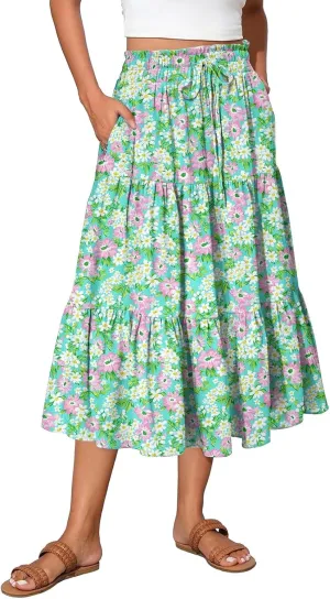 Midi Boho Floral Skirts for Women Trendy Tiered A Line Skirt Drawstring High Elastic Waist Comfy Flowy Skorts with Pockets
