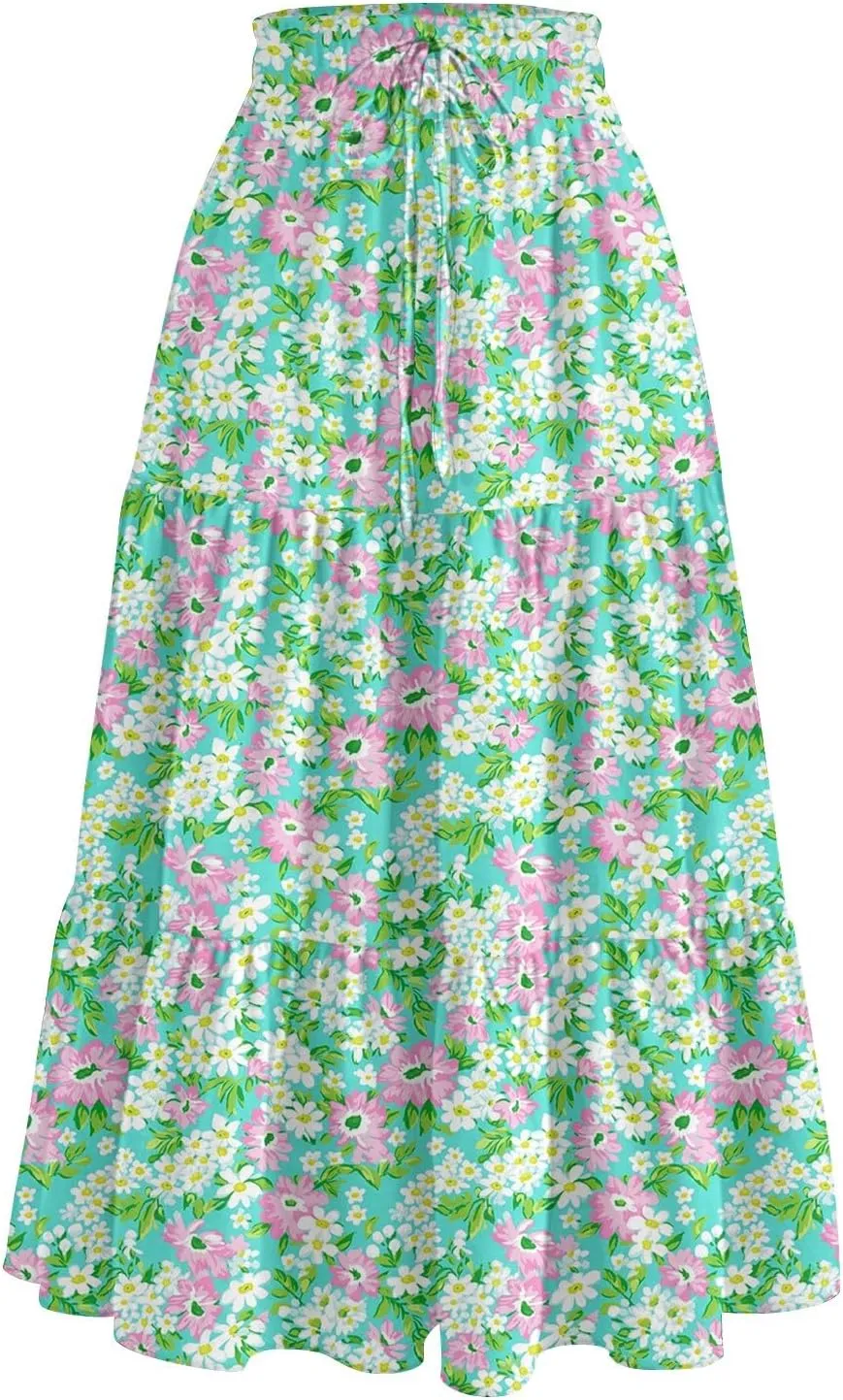 Midi Boho Floral Skirts for Women Trendy Tiered A Line Skirt Drawstring High Elastic Waist Comfy Flowy Skorts with Pockets