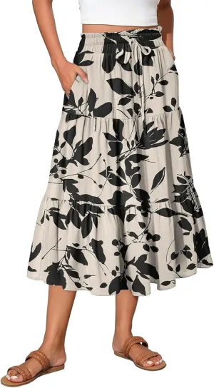Midi Boho Floral Skirts for Women Trendy Tiered Comfy Flowy Drawstring High Elastic Waist A Line Skirt Skorts with Pockets