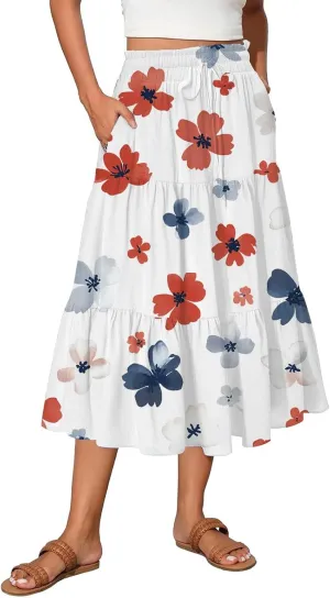 Midi Skirts for Women 2025 Boho Floral Skirts High Elastic Waisted A Line Tiered Ruffle Skirt Flowy Skorts with Pockets