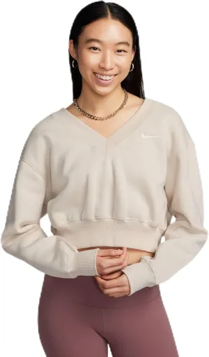 Nike Sportswear Phoenix Fleece Women's Cropped V-Neck Top (FN3651-104, Light Orewood Brown/Sail) Size Small