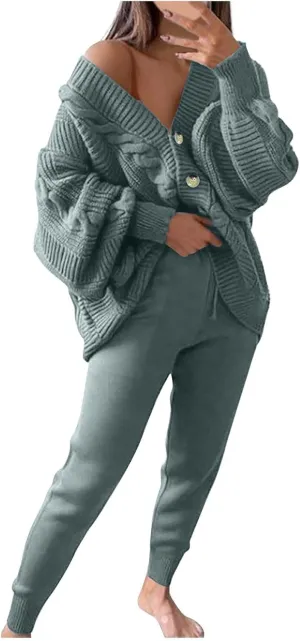 Oplxuo Sweater Sets for Women Two Piece Outfits Button Down Chunky Cable Knit Cardigan and Bodycon Pants Lounge Matching Set