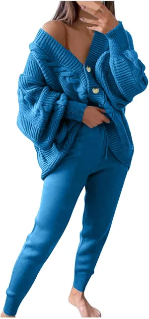 Oplxuo Sweater Sets for Women Two Piece Outfits Button Down Chunky Cable Knit Cardigan and Bodycon Pants Lounge Matching Set