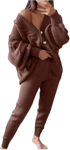 Oplxuo Sweater Sets for Women Two Piece Outfits Button Down Chunky Cable Knit Cardigan and Bodycon Pants Lounge Matching Set