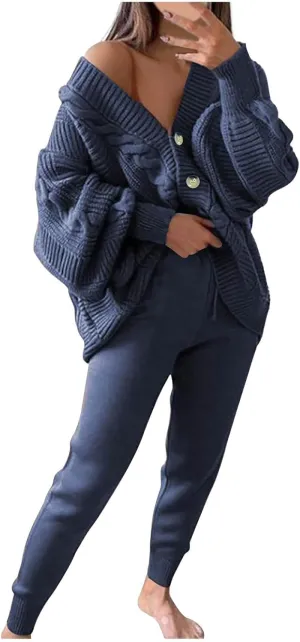 Oplxuo Sweater Sets for Women Two Piece Outfits Button Down Chunky Cable Knit Cardigan and Bodycon Pants Lounge Matching Set