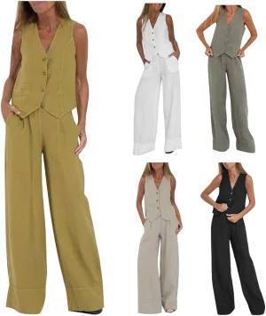 Oplxuo Women's Summer 2 Piece Outfits Cotton Linen Button Down Sleeveless Blazer Vest Wide Leg Pant Sets Business Suits