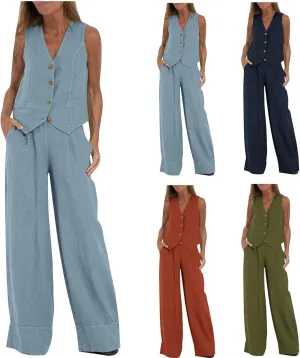 Oplxuo Women's Summer 2 Piece Outfits Cotton Linen Button Down Sleeveless Blazer Vest Wide Leg Pant Sets Business Suits