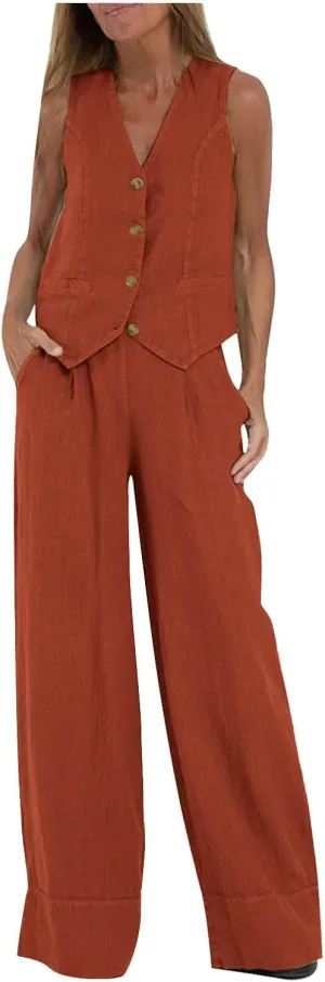 Oplxuo Women's Summer 2 Piece Outfits Cotton Linen Button Down Sleeveless Blazer Vest Wide Leg Pant Sets Business Suits