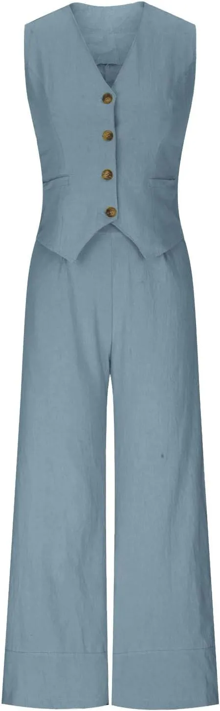 Oplxuo Women's Summer 2 Piece Outfits Cotton Linen Button Down Sleeveless Blazer Vest Wide Leg Pant Sets Business Suits