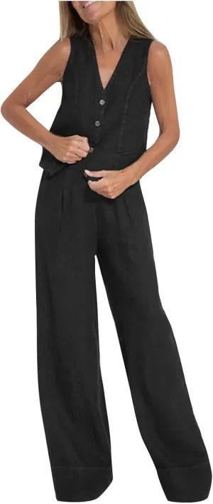 Oplxuo Women's Summer 2 Piece Outfits Cotton Linen Button Down Sleeveless Blazer Vest Wide Leg Pant Sets Business Suits