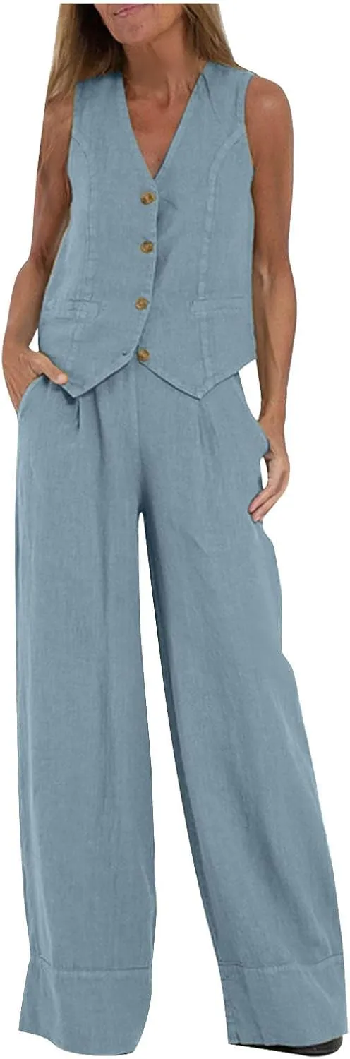 Oplxuo Women's Summer 2 Piece Outfits Cotton Linen Button Down Sleeveless Blazer Vest Wide Leg Pant Sets Business Suits