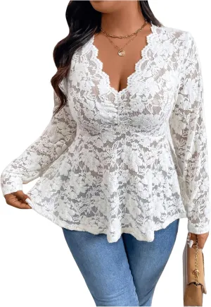 OYOANGLE Women's Plus Size Lace Sheer Long Sleeve Blouse V Neck Scallop Trim Ruffle Peplum Tops