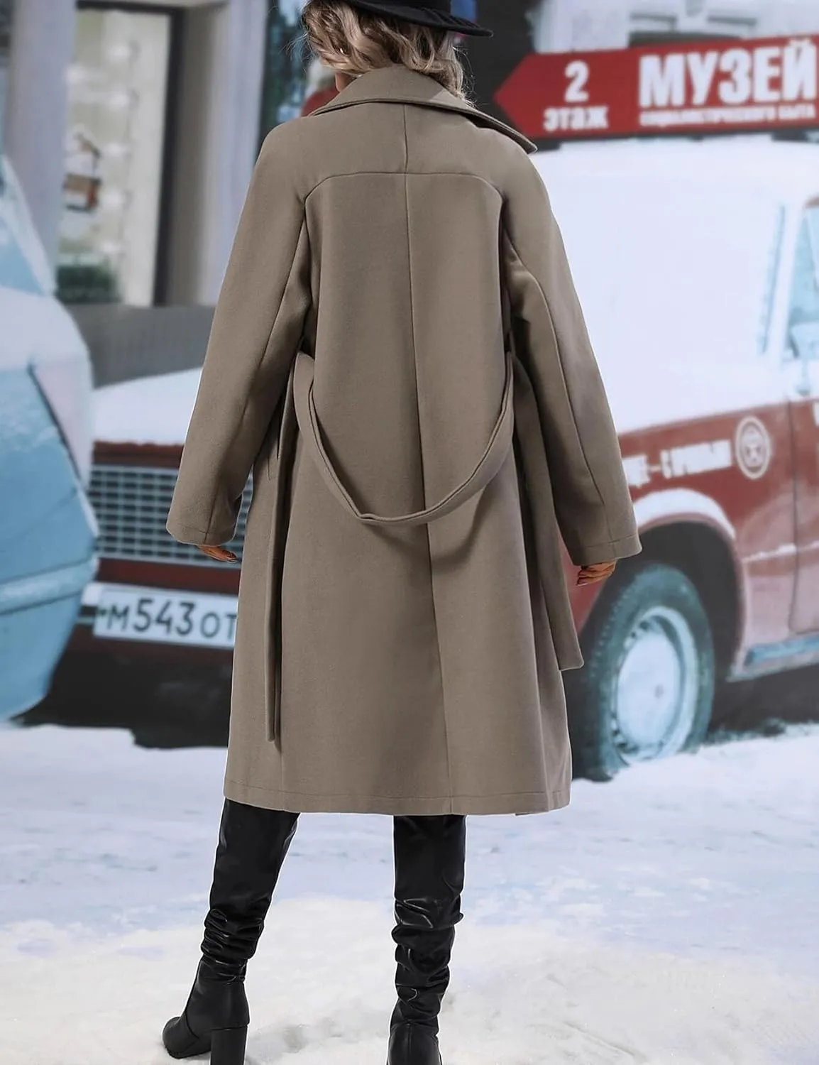 Perbai Women's Winter Wool Blend Jacket Casual Notched Lapel Double Breasted Long Peacoat with Belt Pockets