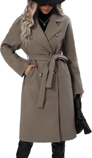 Perbai Women's Winter Wool Blend Jacket Casual Notched Lapel Double Breasted Long Peacoat with Belt Pockets