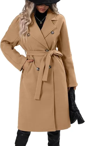 Perbai Women's Winter Wool Blend Jacket Casual Notched Lapel Double Breasted Long Peacoat with Belt Pockets