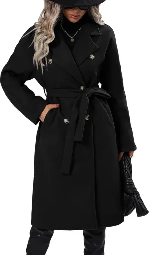 Perbai Women's Winter Wool Blend Jacket Casual Notched Lapel Double Breasted Long Peacoat with Belt Pockets